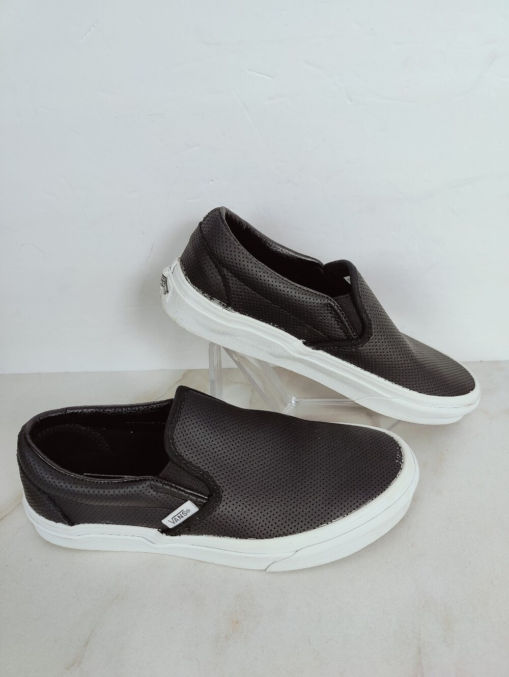 Vans Classic Slip On Black Perforated Leather Sneakers, Sz 6.5(M) 8 (W)